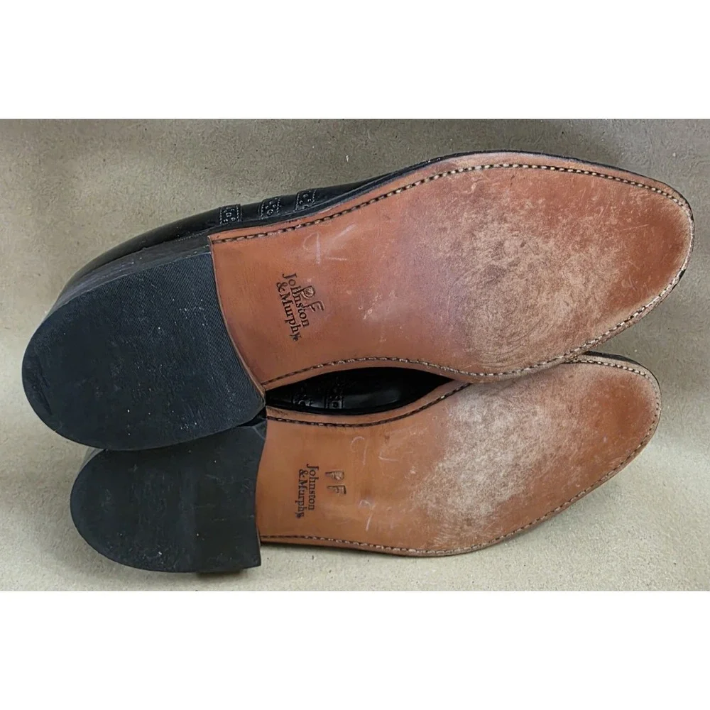 Johnston & Murphy (Sz 9 E/C) Leather Wingtip Oxford Black Dress Shoes Mens WIDE